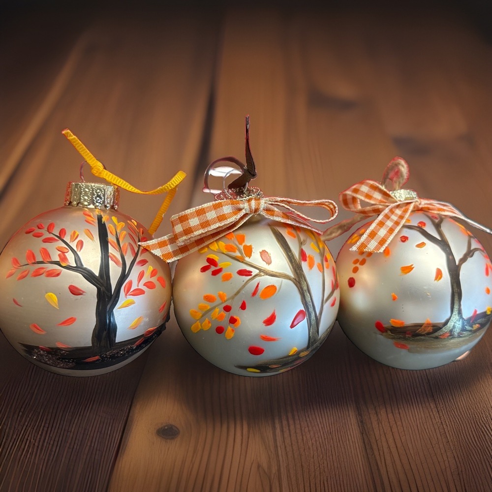 6 Hand Painted Glass Christmas Ornaments Autumn Fall Thanksgiving  Cottagecore